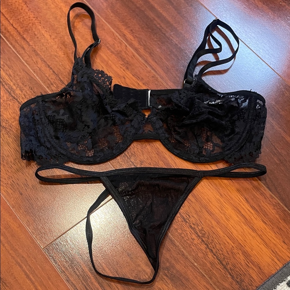 Women’s Sheer Black Lace Unlined Bra & Thong Set - Size Small